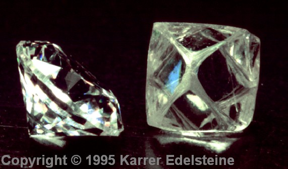 Klarer Rohdiamant und facettiert geschliffener Diamant
